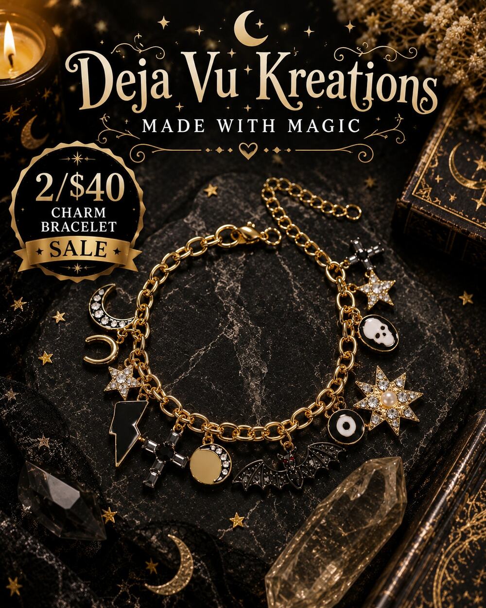Gold Tone Celestial Charm Bracelet Mystical Gothic Jewelry